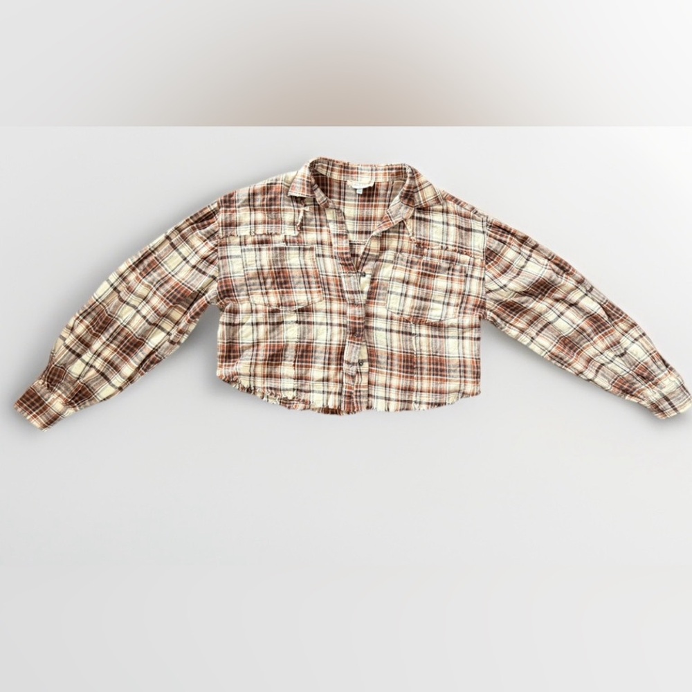 Altar’d State Plaid Cropped Flannel Shirt Raw Hem Brown XS